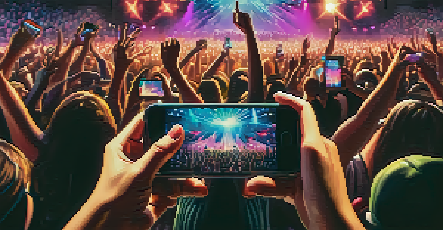 Close-up of hands holding smartphones at a live concert, showcasing the vibrant stage lights and energetic crowd.