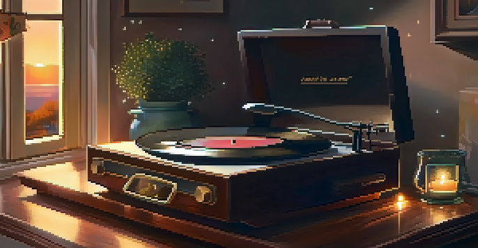 A vintage record player on a table illuminated by fairy lights, with a sunset visible through a window, creating a nostalgic atmosphere.