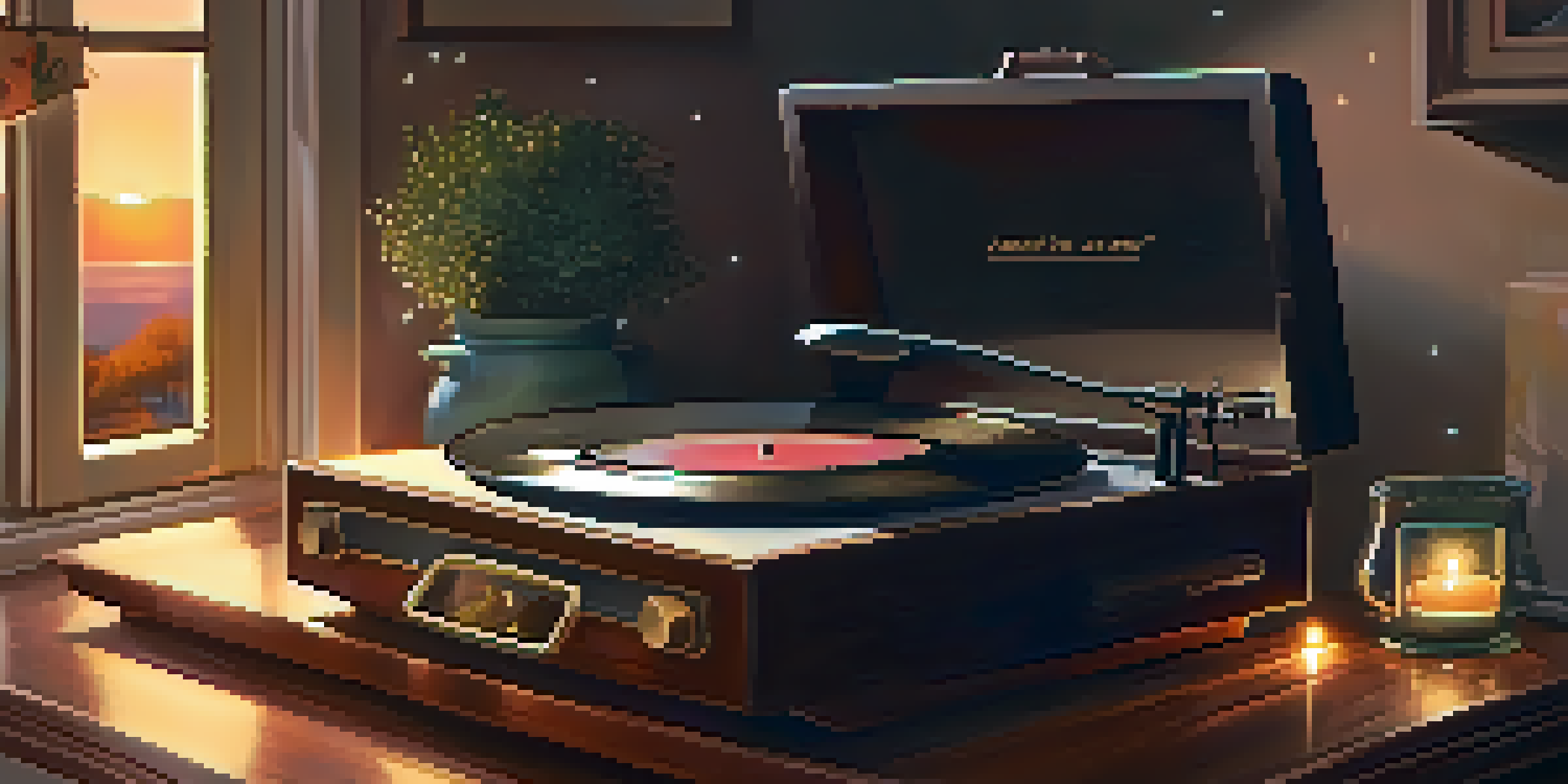 A vintage record player on a table illuminated by fairy lights, with a sunset visible through a window, creating a nostalgic atmosphere.