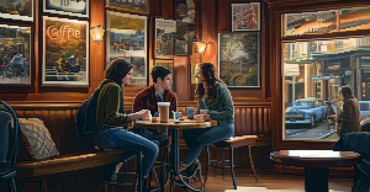 A young woman playing an acoustic guitar in a cozy coffee shop filled with warm lighting and music posters.