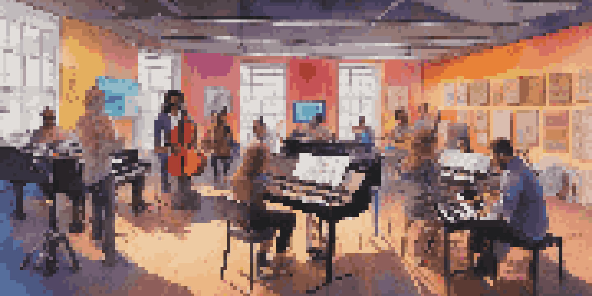 A lively music studio with diverse musicians working together with AI tools, surrounded by instruments and colorful visuals.