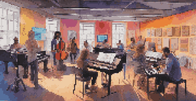 A lively music studio with diverse musicians working together with AI tools, surrounded by instruments and colorful visuals.