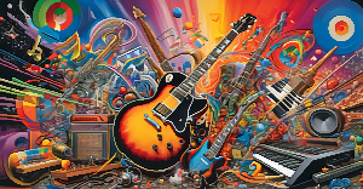 An abstract collage of musical symbols and instruments in vibrant colors, representing the blending of different music genres.