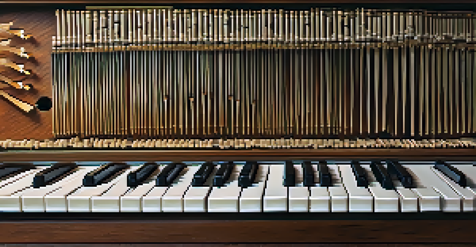 A close-up of a clavichord's keyboard showcasing the keys and metal tangents with a blurred background of sheet music.