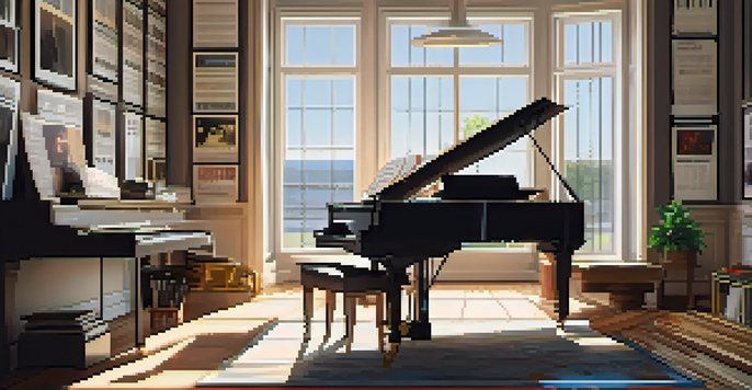 A calm workspace of a film composer with a grand piano, sheet music, a laptop, and movie posters on the wall, illuminated by soft natural light.