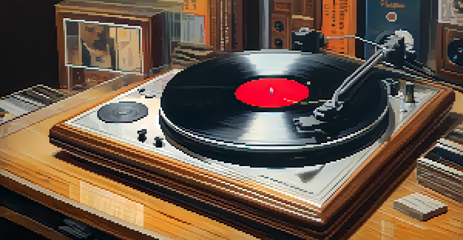 A vintage turntable with a spinning vinyl record and musical samples in containers, creating a nostalgic mood.