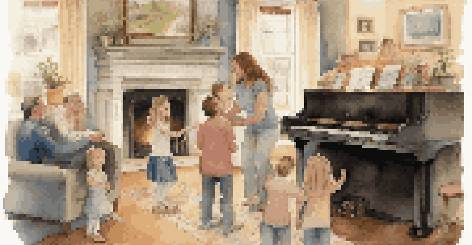 A family singing together around a piano, highlighting a joyful and musical bonding experience.