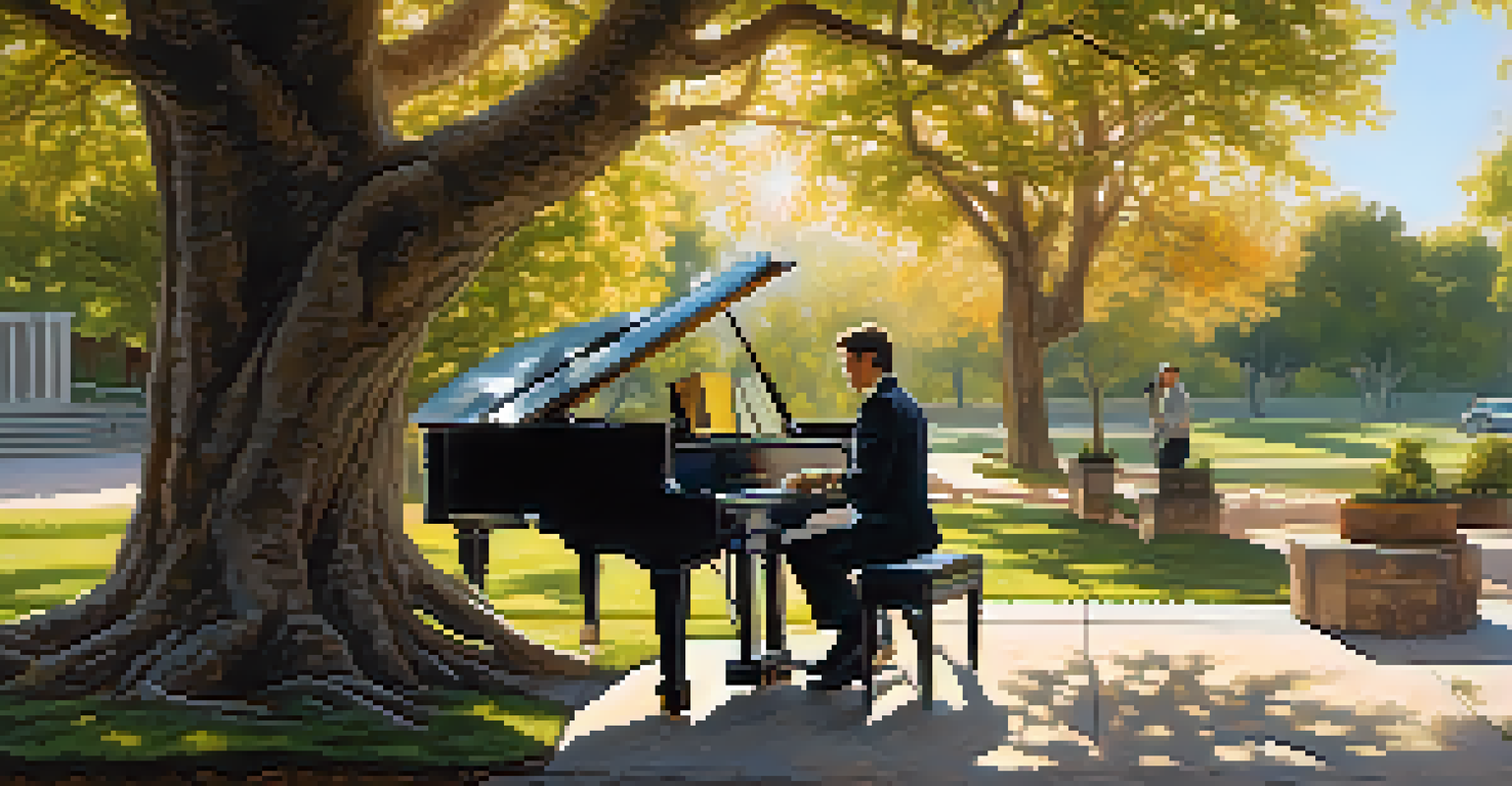 A peaceful outdoor scene with a classical musician at a grand piano and a metal guitarist nearby, highlighting the harmony of both music genres.