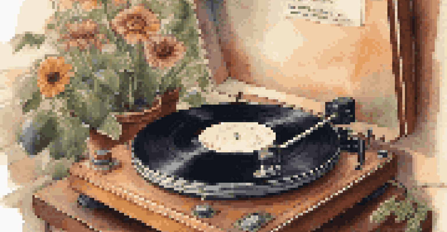 A close-up of a vintage vinyl record on a turntable with a nostalgic atmosphere and small potted plants around it.