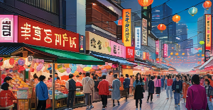 A lively street market in Seoul with colorful K-pop merchandise and street dancers, surrounded by modern buildings and cherry blossoms.