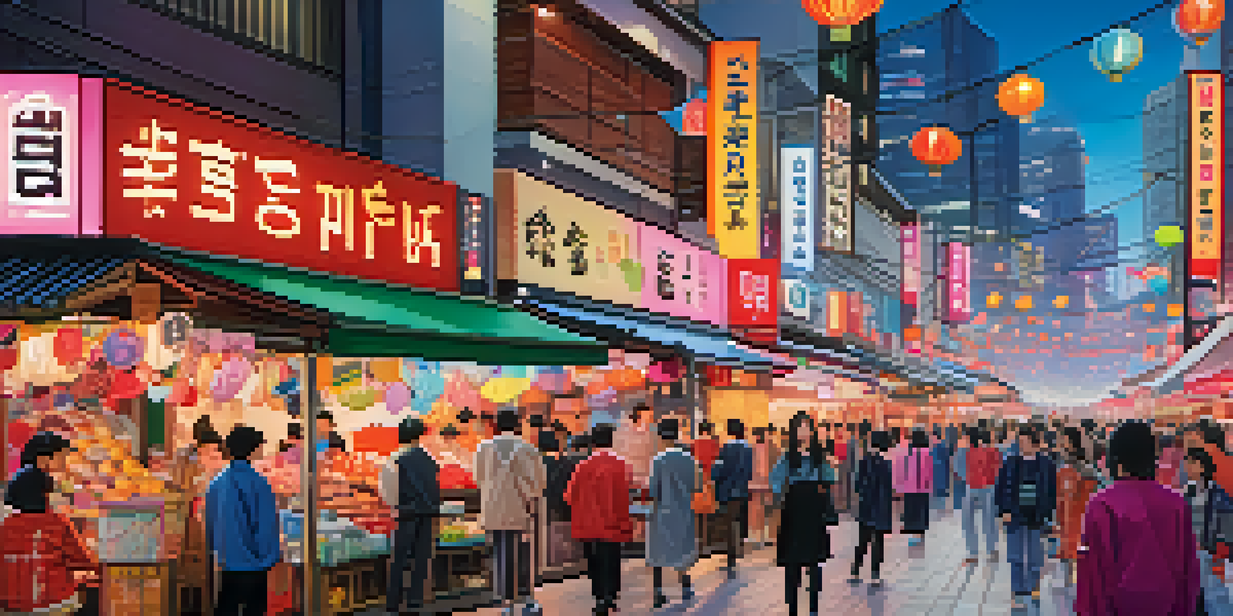 A lively street market in Seoul with colorful K-pop merchandise and street dancers, surrounded by modern buildings and cherry blossoms.