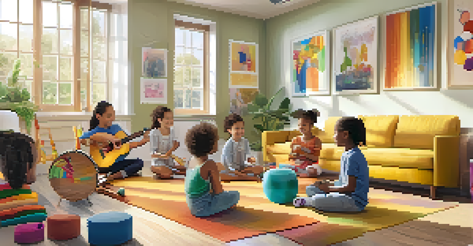 A modern music therapy session with a therapist and children using colorful instruments in a bright and welcoming room.