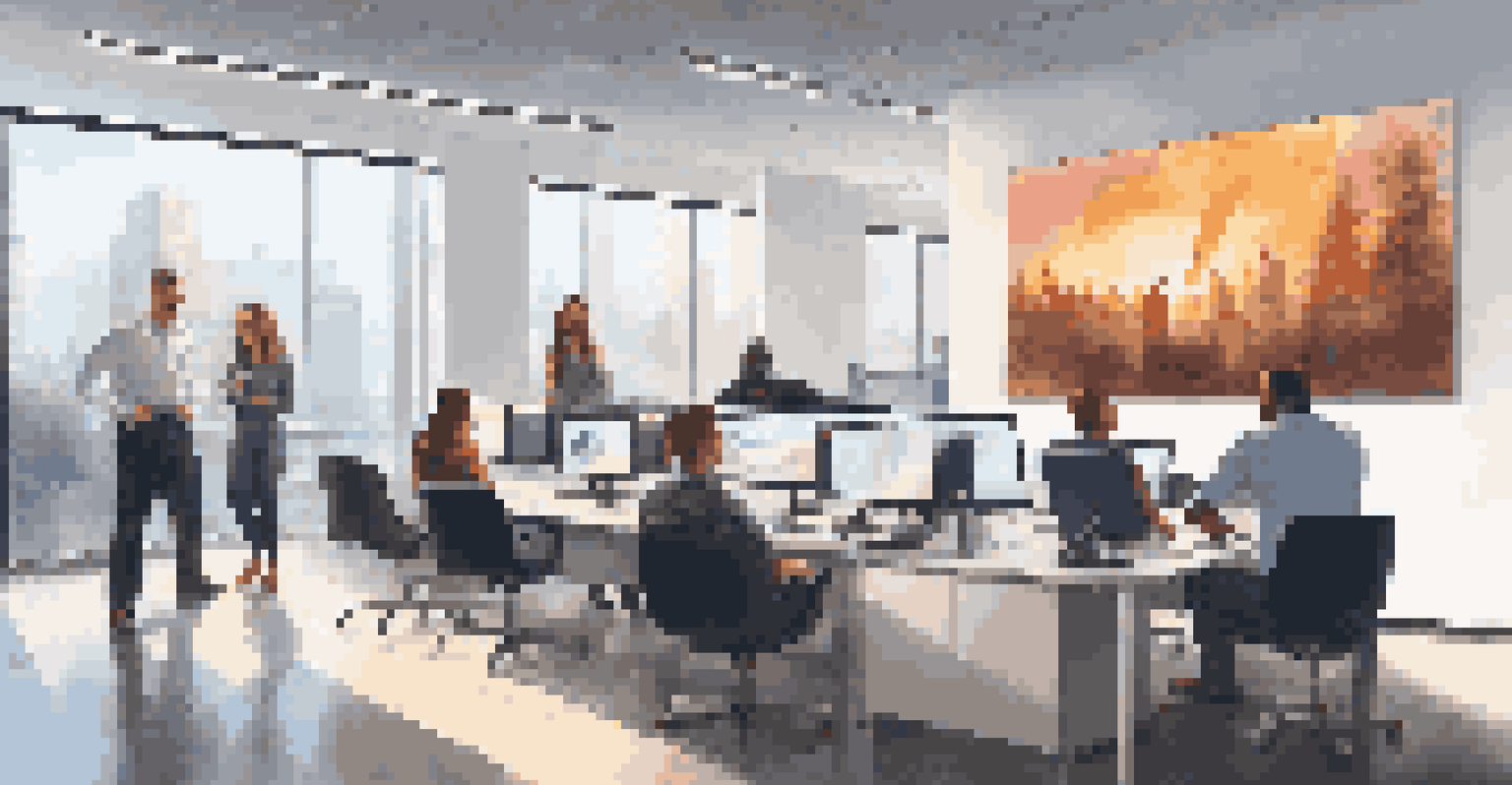 An advertisement scene in a contemporary office with employees watching an inspiring music video, showing motivation and engagement in a well-lit environment.