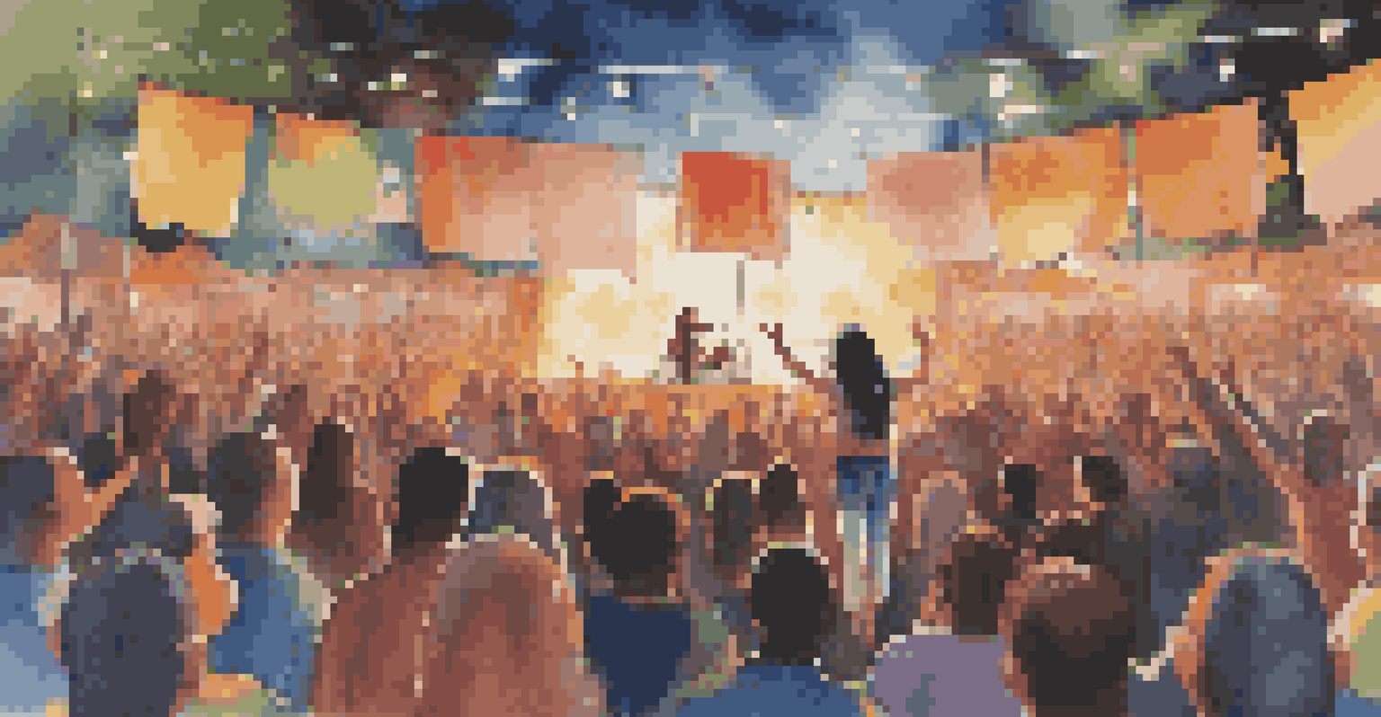 A female artist performing on stage at an outdoor music festival with a lively crowd.