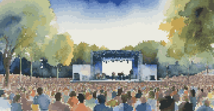 An outdoor concert with a diverse audience enjoying live music under a clear sky, sound engineers adjusting equipment in the background.