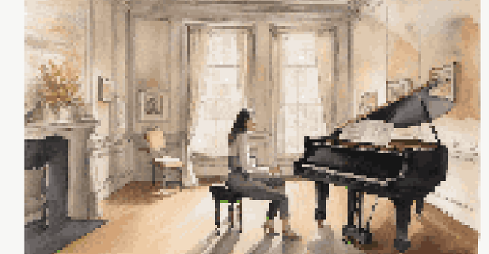 A professional singer practicing in a vocal studio, with soft natural light and musical notes around.