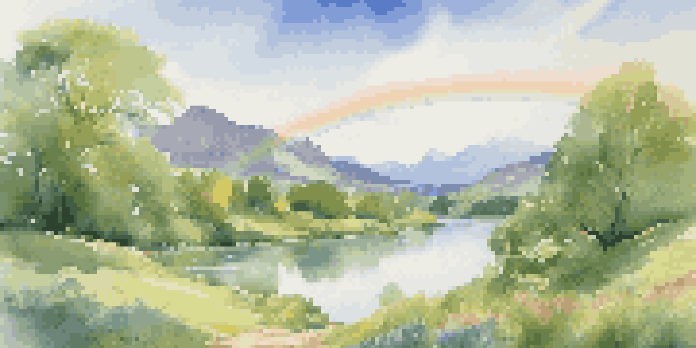 A peaceful valley with a flowing river and colorful rainbow under a clear sky.
