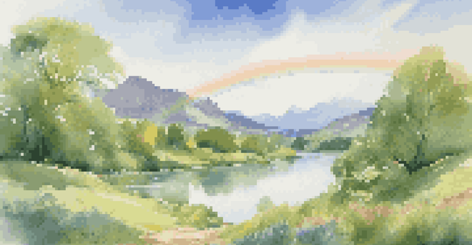 A peaceful valley with a flowing river and colorful rainbow under a clear sky.