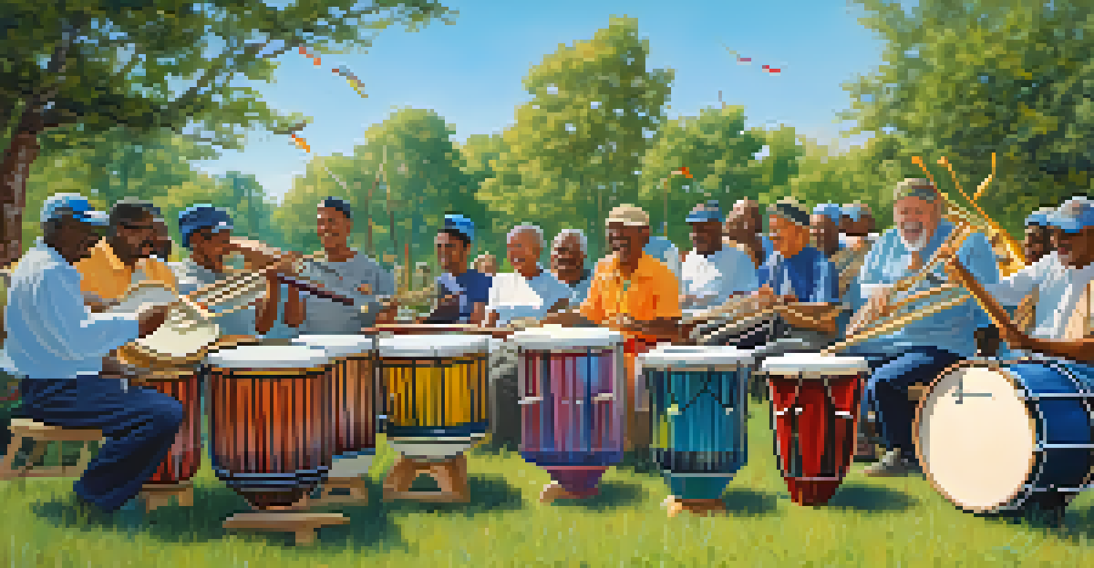 Veterans participating in an outdoor music therapy session, playing drums and singing under a clear sky, displaying joy and camaraderie.