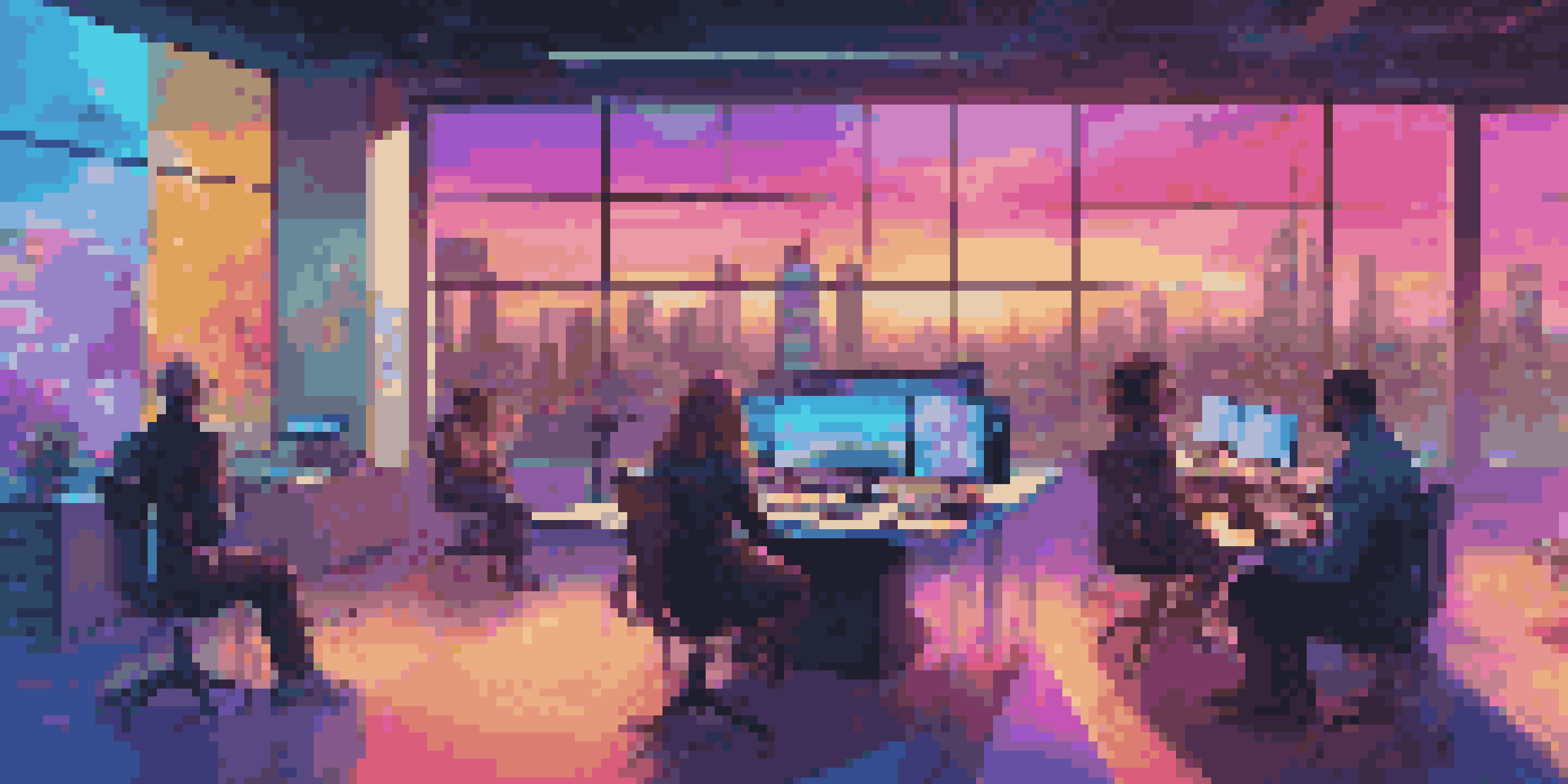 A modern music licensing office with holographic displays and diverse artists discussing agreements, set against a city skyline at sunset.