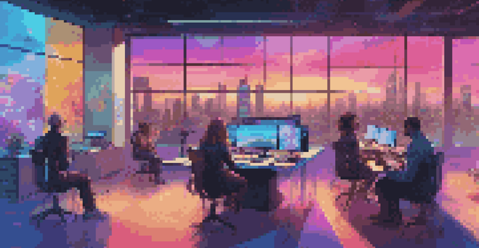 A modern music licensing office with holographic displays and diverse artists discussing agreements, set against a city skyline at sunset.