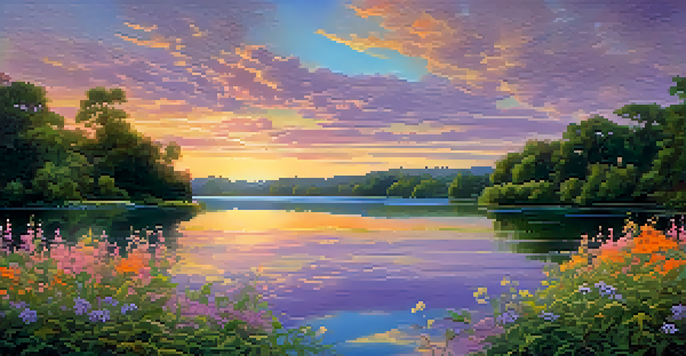 A peaceful sunset over a lake, with vibrant colors reflecting on the water and surrounded by greenery and wildflowers.