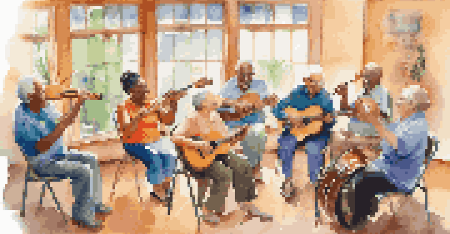 A lively group music therapy session with elderly individuals playing various instruments in a bright, cheerful room.