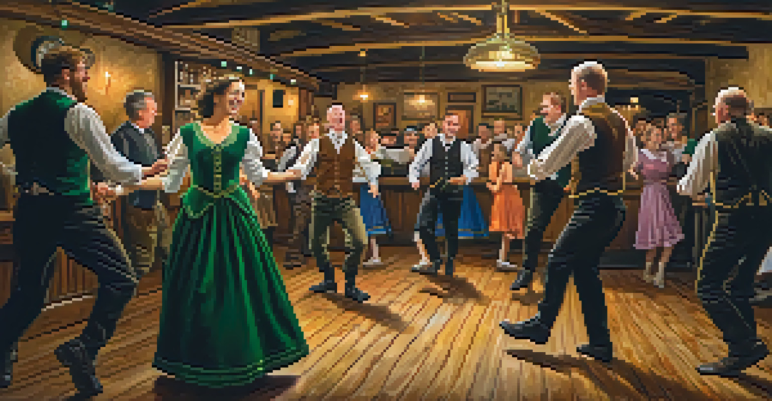 Dancers performing an Irish jig in a cozy pub, with traditional costumes and a lively atmosphere.
