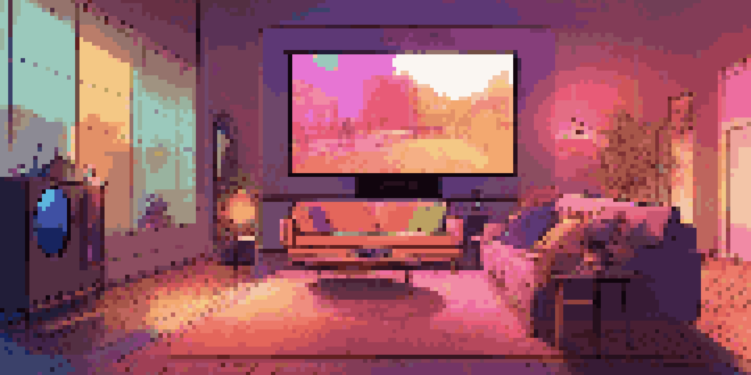 A modern living room with a couch facing a VR headset display, showing a vibrant concert scene in a cozy environment.