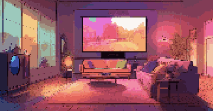 A modern living room with a couch facing a VR headset display, showing a vibrant concert scene in a cozy environment.