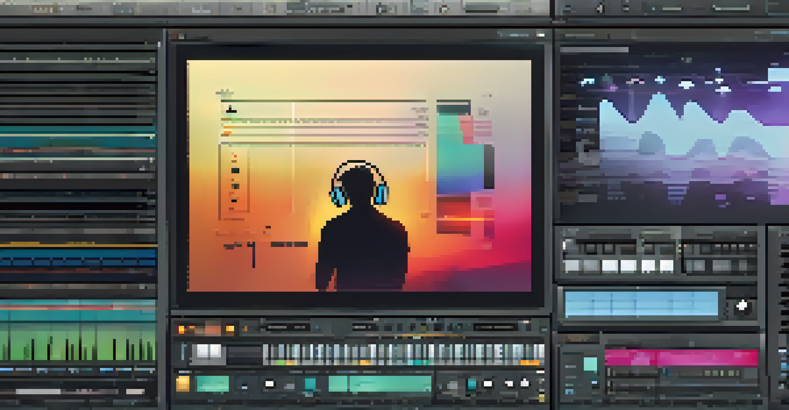 A close-up view of a computer screen showing a cloud-based music production software with colorful waveforms and digital instruments.