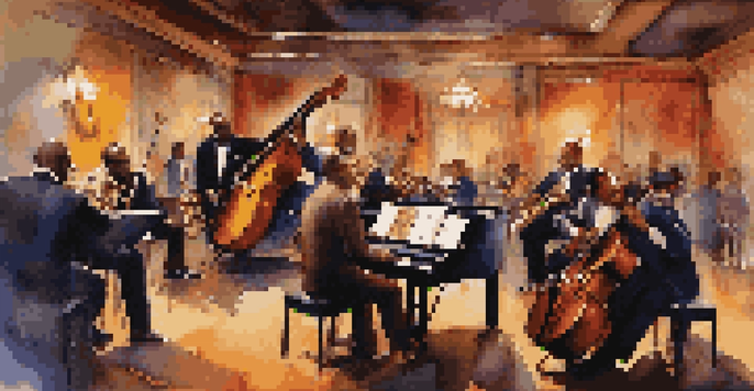 A vibrant jazz club scene with musicians playing instruments and an engaged audience, showcasing the energy of a live performance.