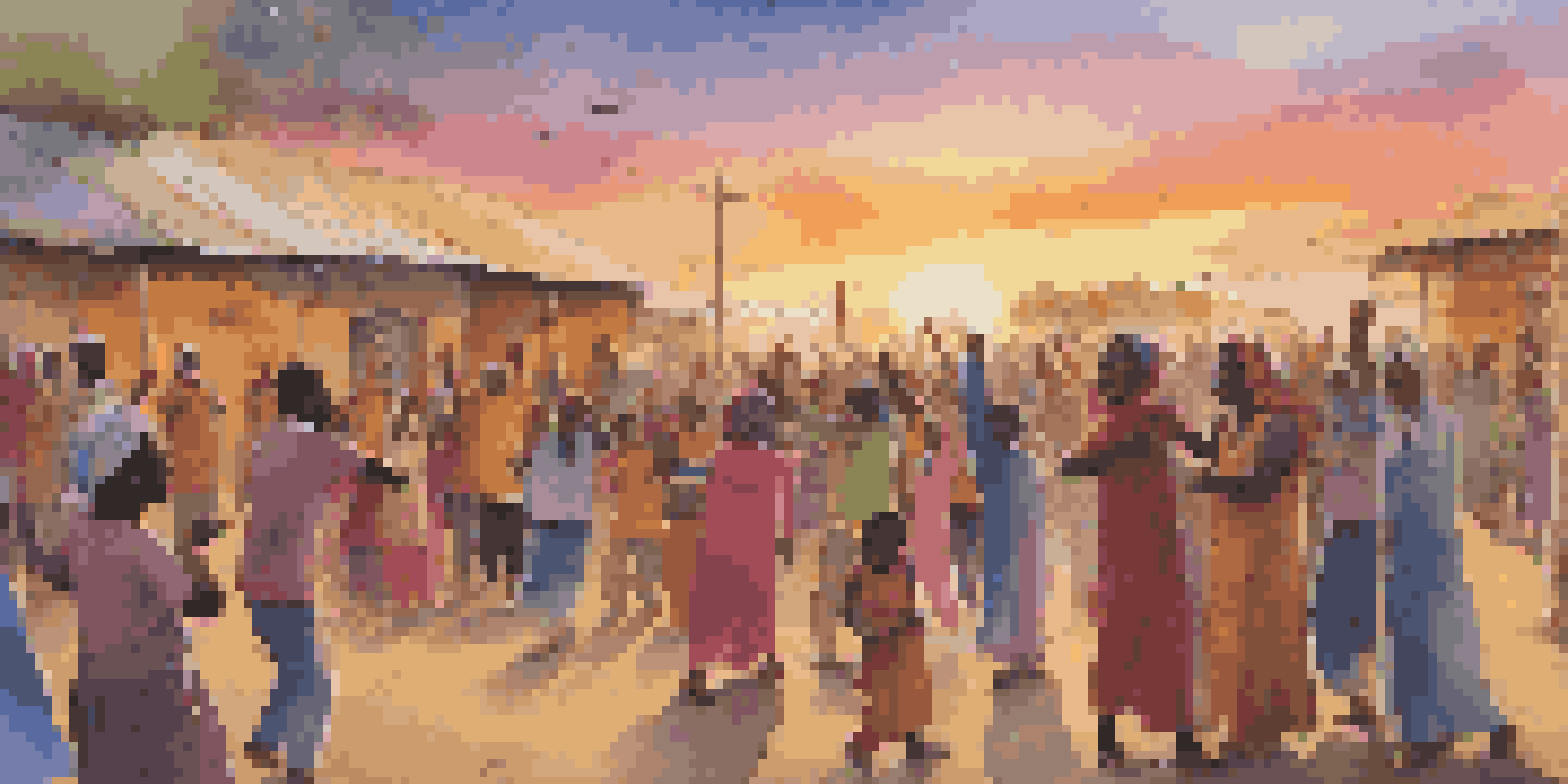 A lively gathering with children and adults singing and dancing in a refugee camp, surrounded by colorful clothing and instruments under a warm sunset.