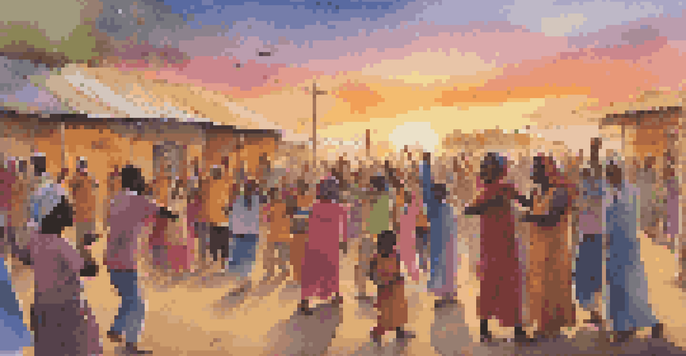 A lively gathering with children and adults singing and dancing in a refugee camp, surrounded by colorful clothing and instruments under a warm sunset.