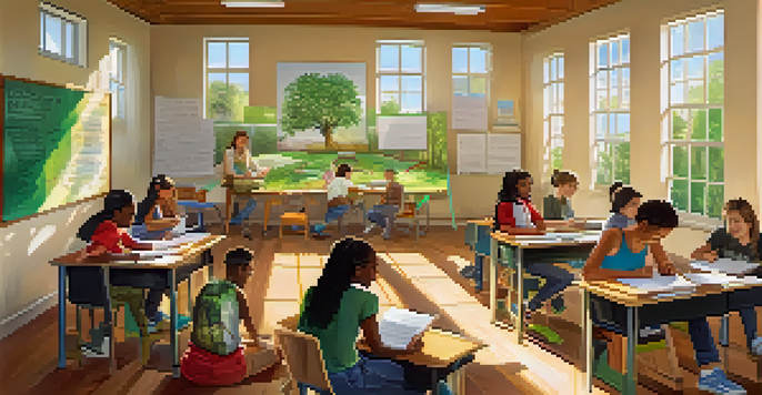A colorful classroom with students collaborating on an environmental conservation song, surrounded by nature-themed decor and sunlight.