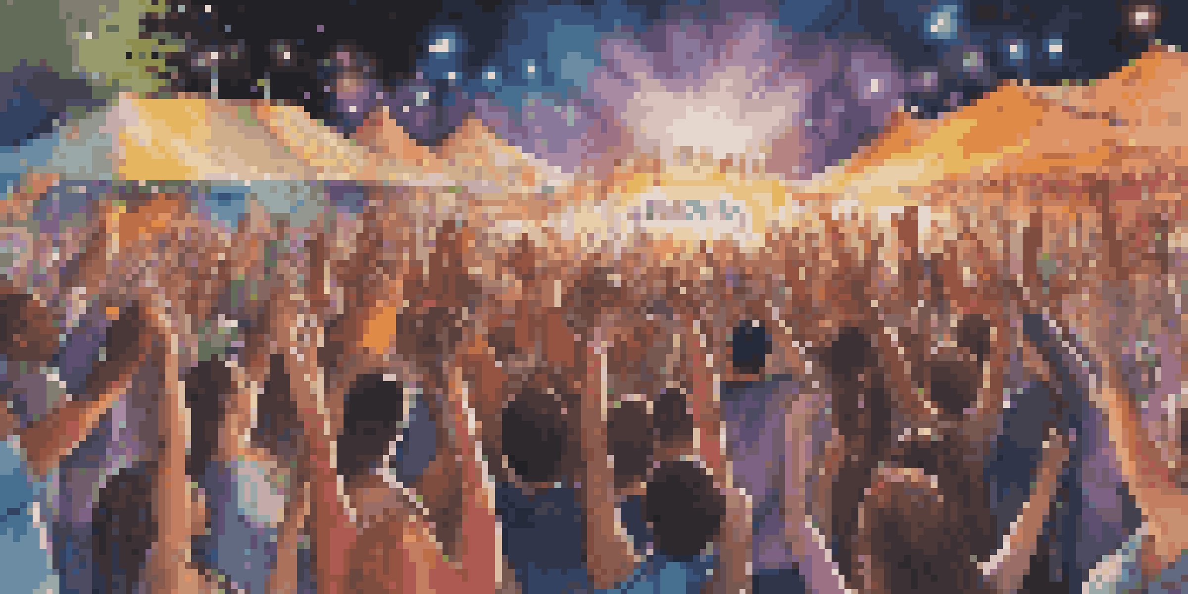 A lively music festival with diverse artists on stage, colorful lights, and an energetic crowd dancing.