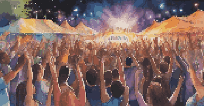 A lively music festival with diverse artists on stage, colorful lights, and an energetic crowd dancing.