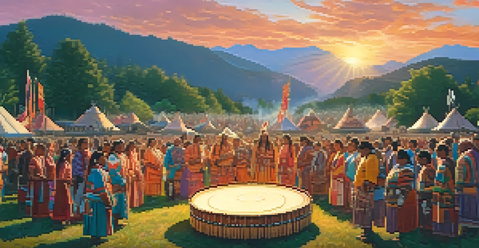 An Indigenous community gathered around a large powwow drum during sunset, wearing traditional attire amidst lush greenery and distant mountains.
