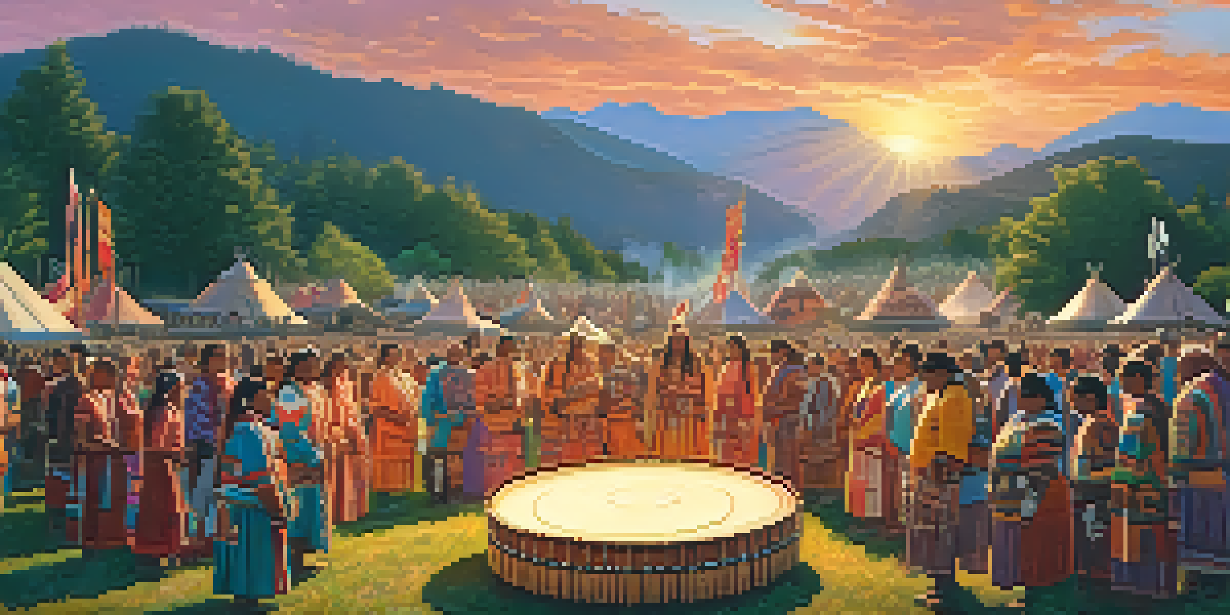 An Indigenous community gathered around a large powwow drum during sunset, wearing traditional attire amidst lush greenery and distant mountains.