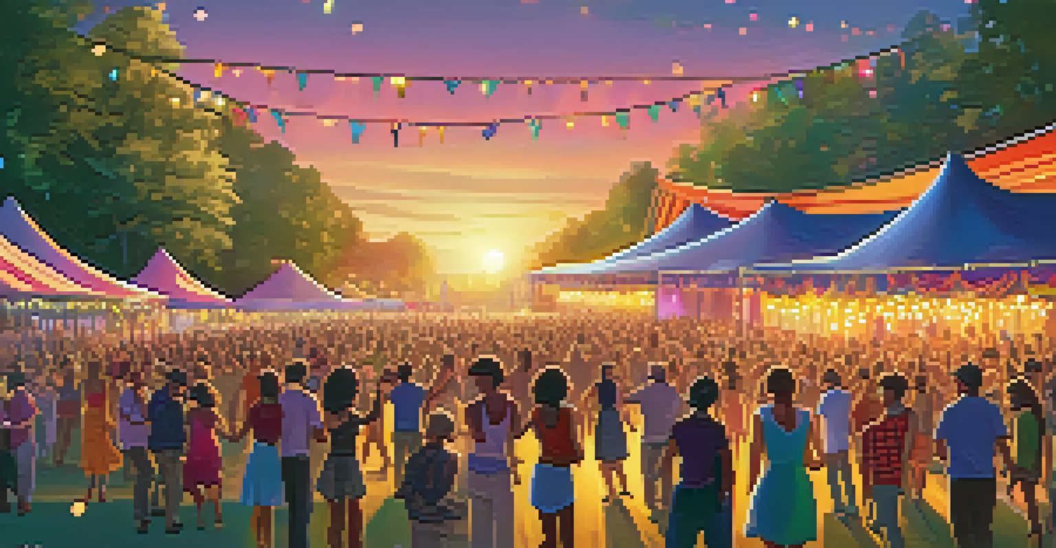 A lively outdoor music festival with people dancing and a decorated stage at sunset.