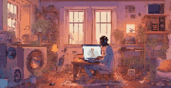 A musician streaming music on a laptop, with colorful sound waves and digital icons around them, in a warm, cozy room filled with musical instruments.