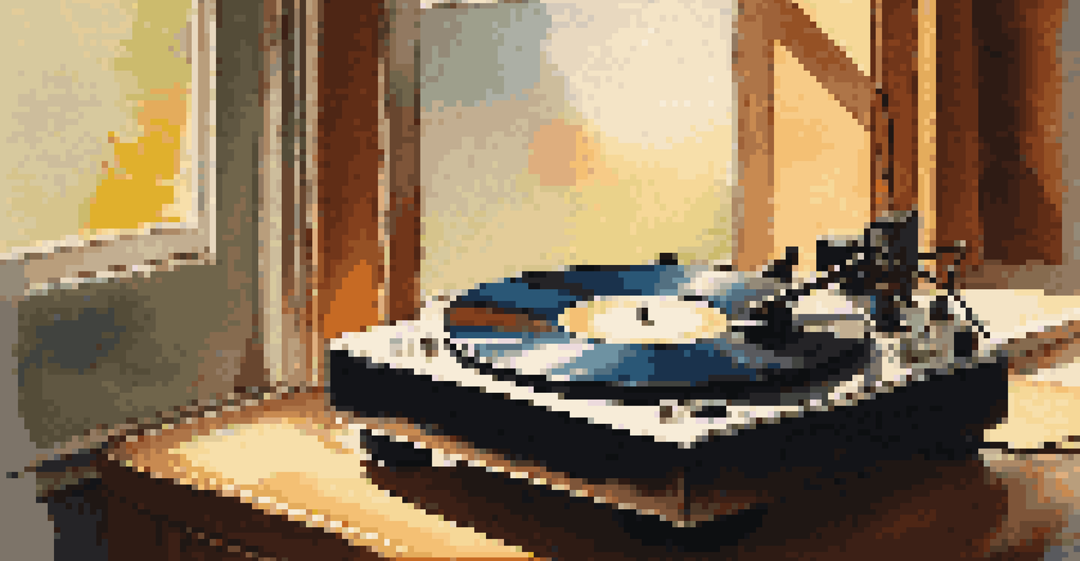 A close-up of a vintage vinyl record on a turntable, illuminated by soft sunlight, set in a cozy room with musical memorabilia.