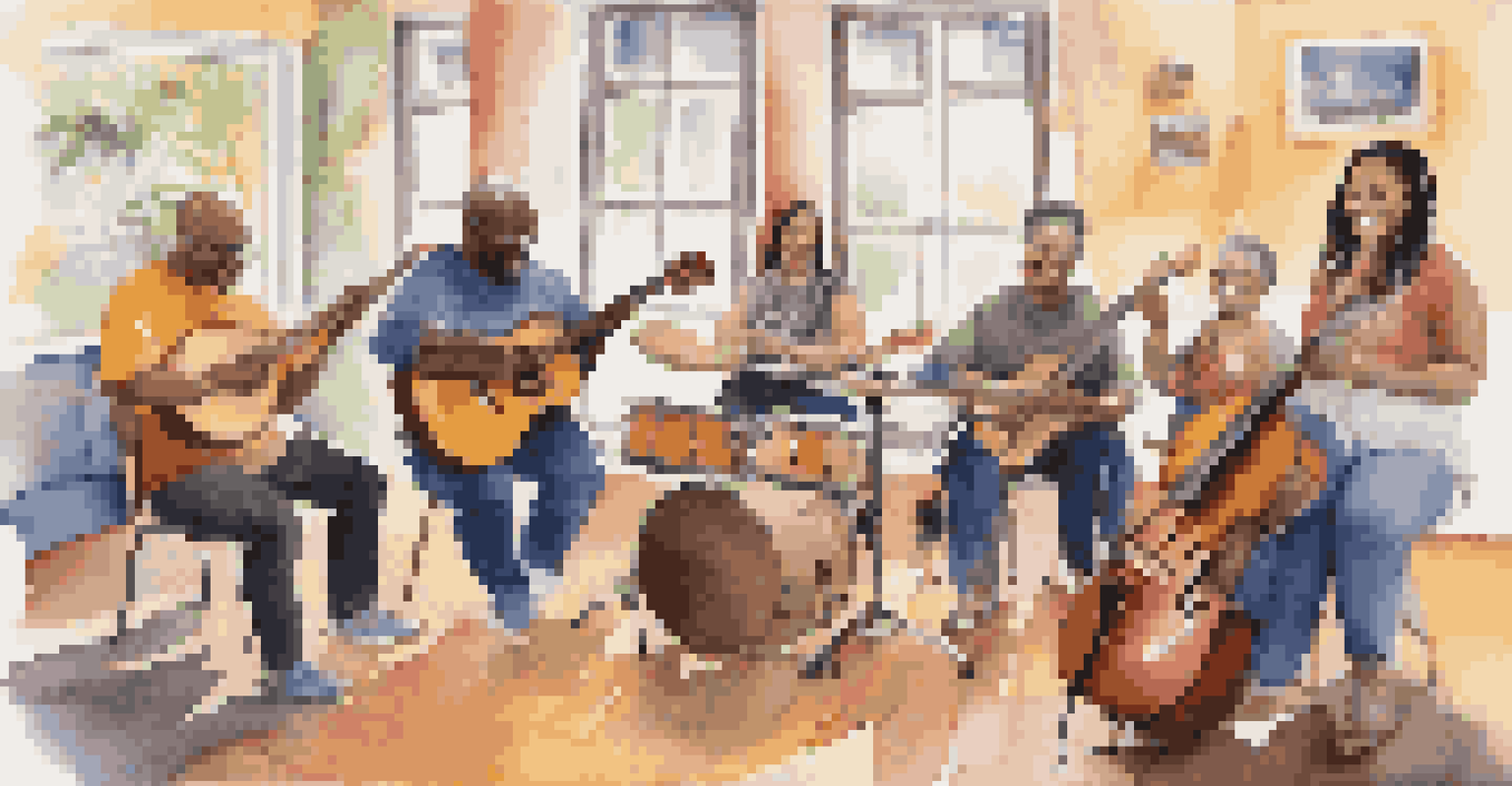 A lively group music therapy session with individuals playing instruments and smiling, creating a sense of community.