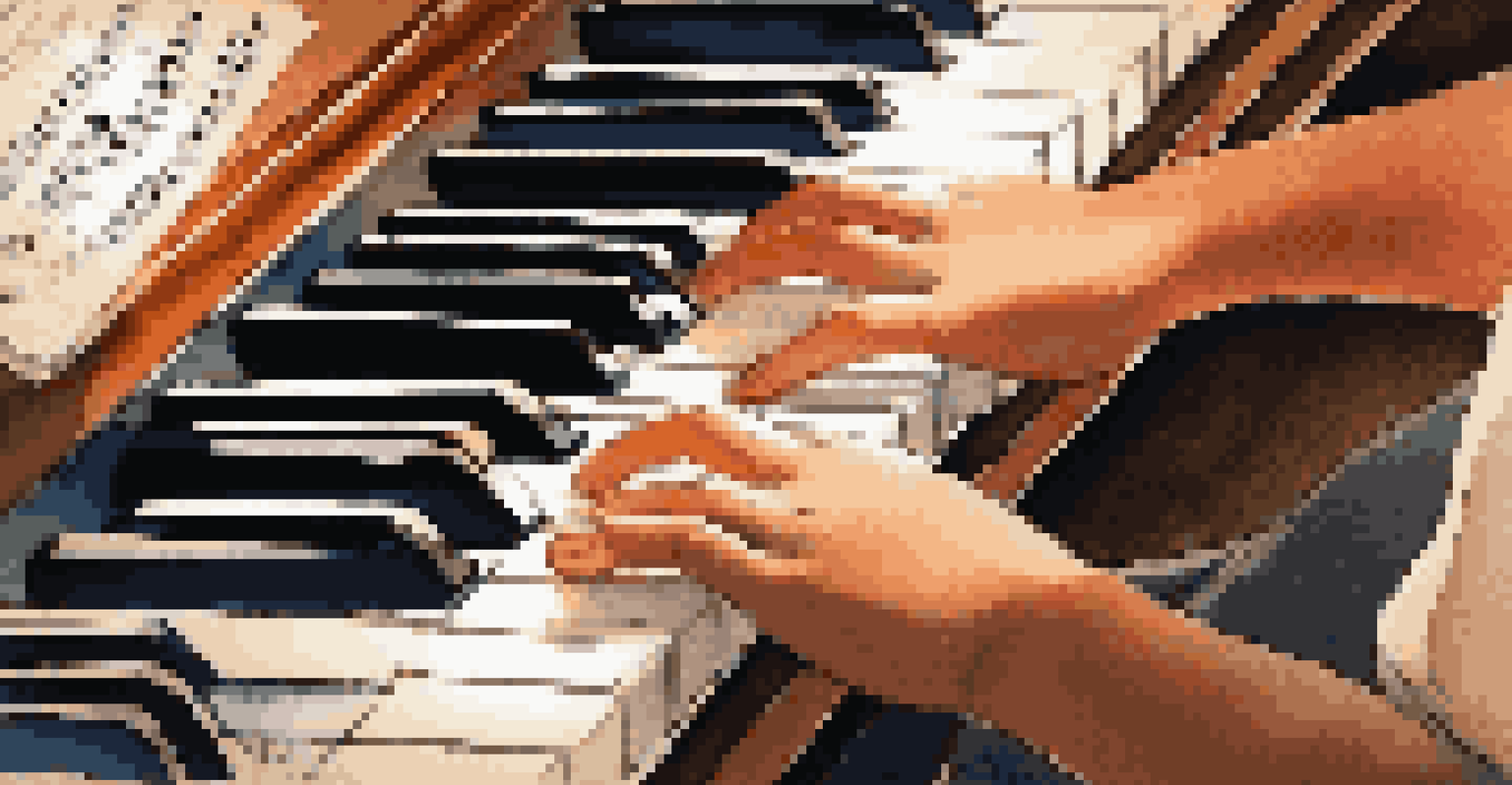 A close-up of a child's hands playing the piano, showcasing the keys and sheet music in the background, illuminated by warm lighting.