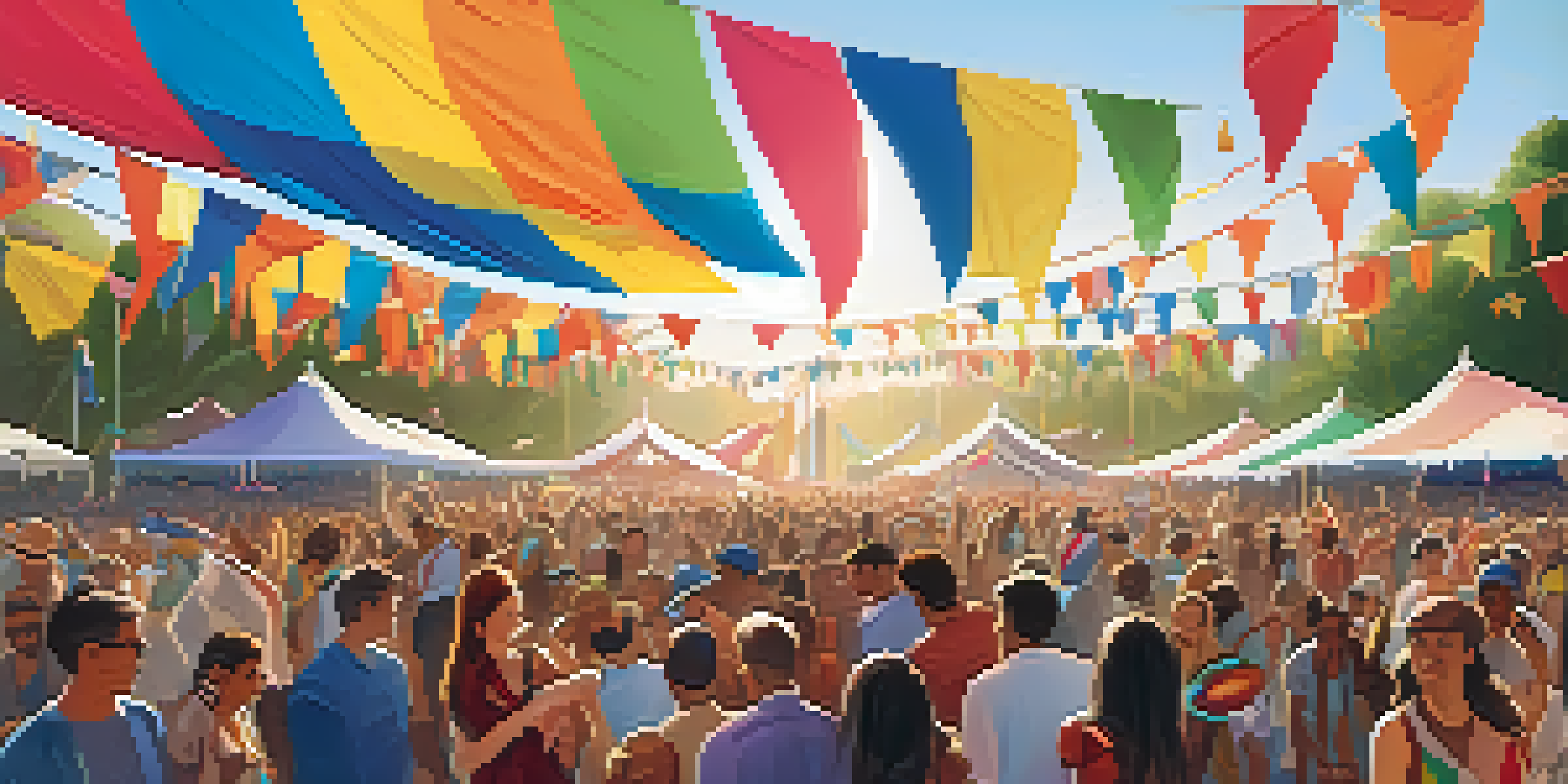 A lively outdoor music festival featuring a diverse crowd immersed in performances, surrounded by colorful decorations and food stalls.