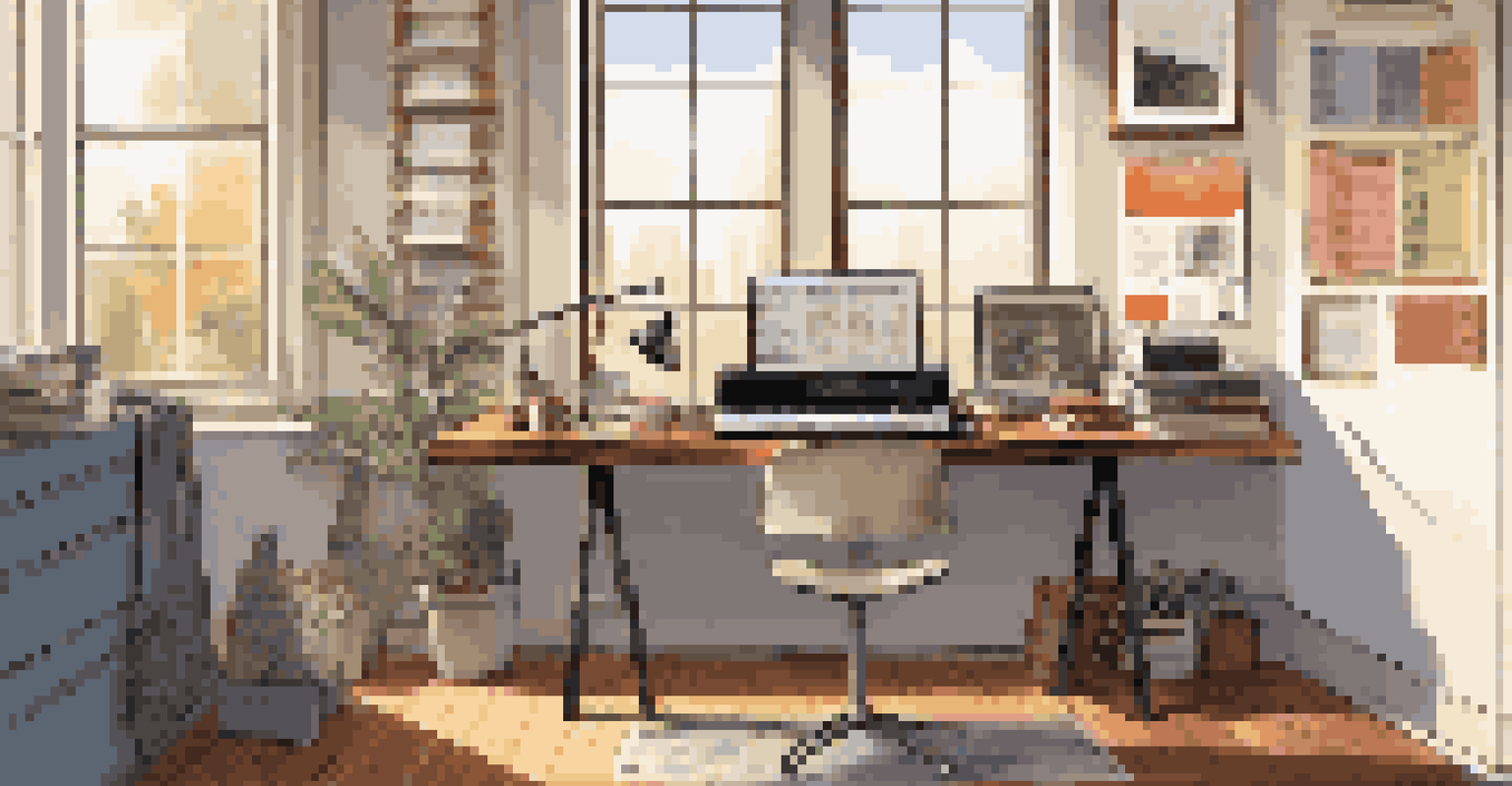 A music artist's workspace with a laptop, guitar, and vibrant posters, illuminated by soft natural light.