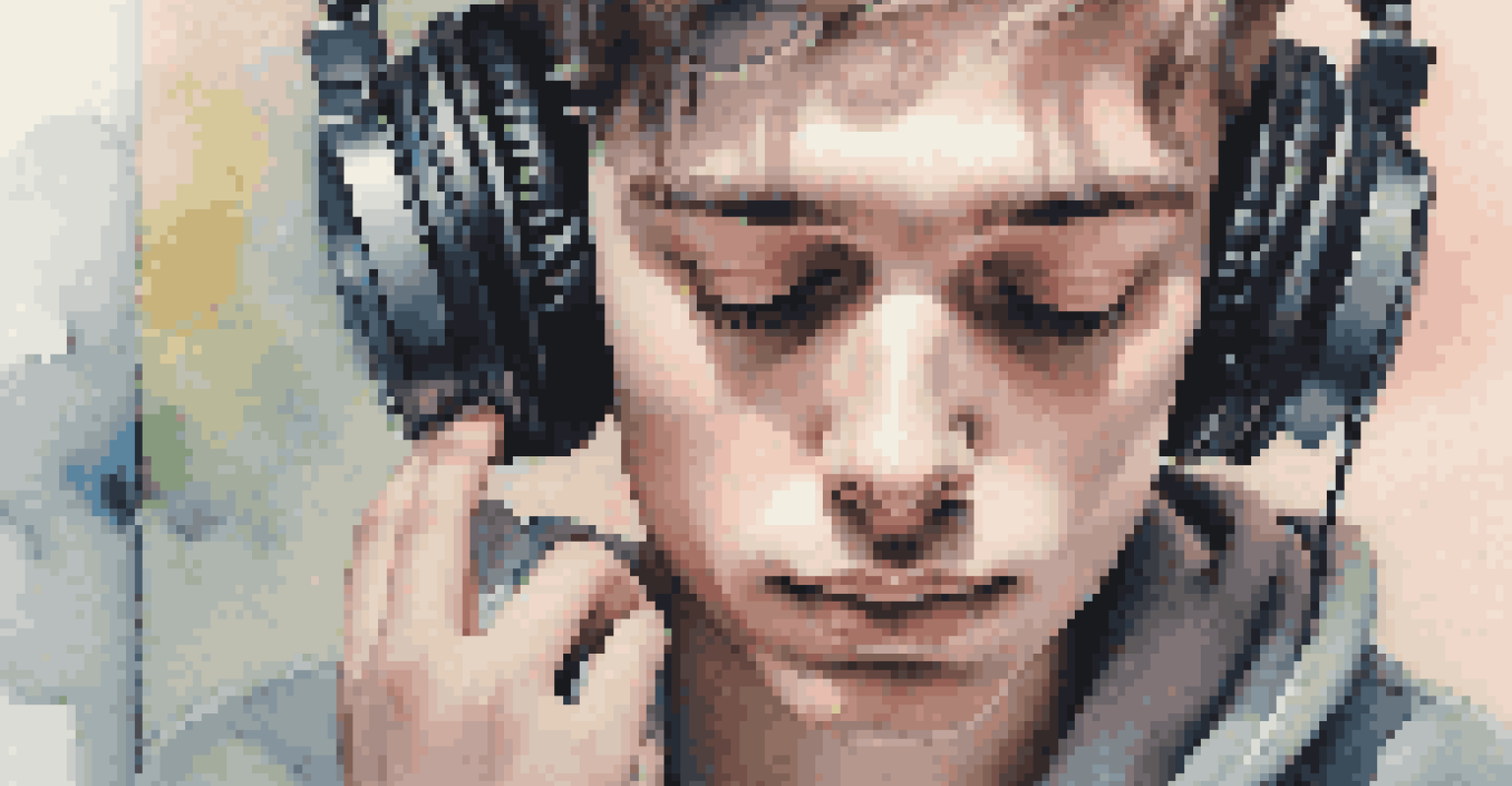 A young person with headphones, lost in music on their smartphone, with a blurred pastel background, showing emotion and focus.