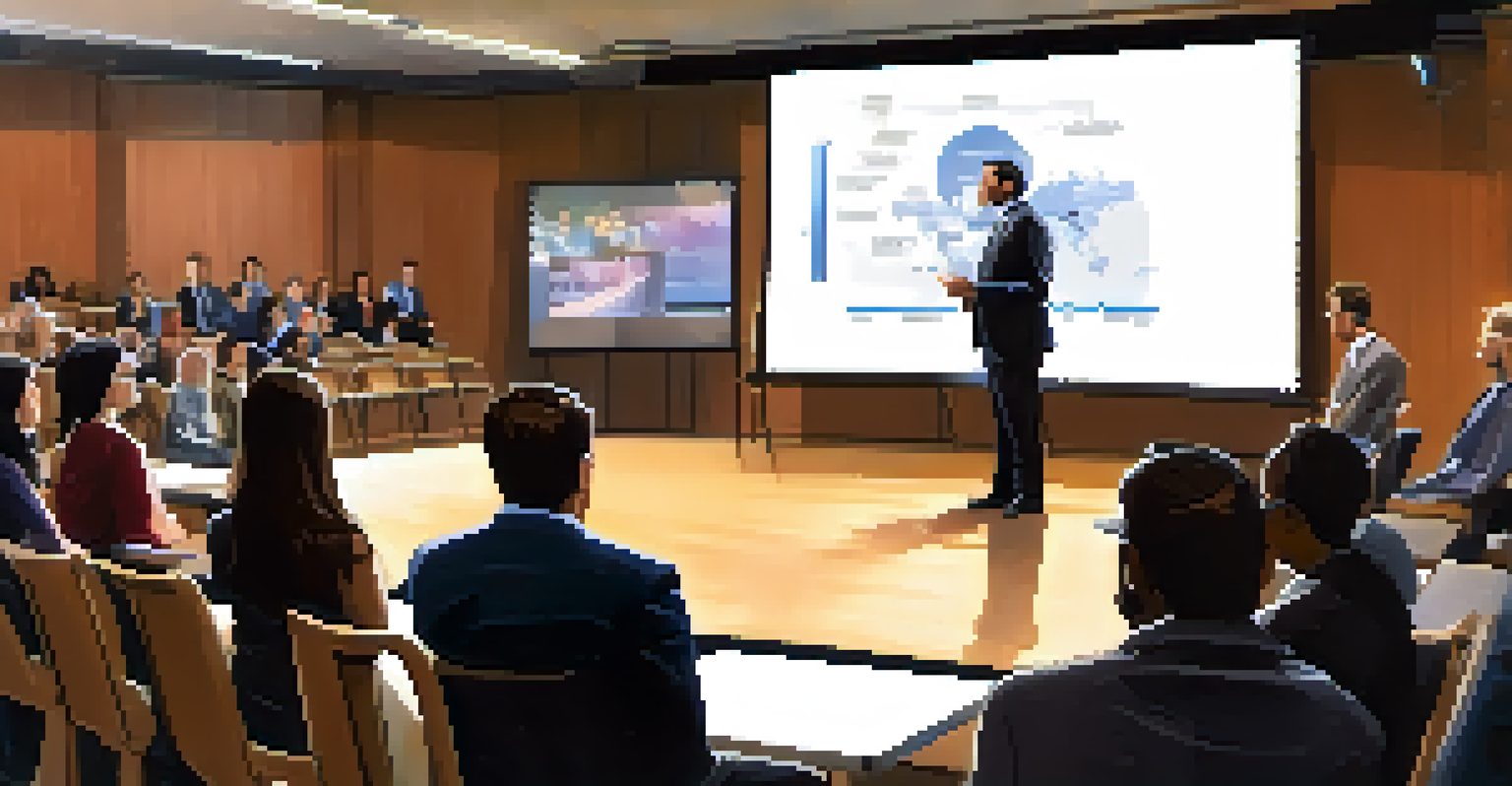 A confident presenter delivering a speech to an engaged audience in a well-lit conference hall.