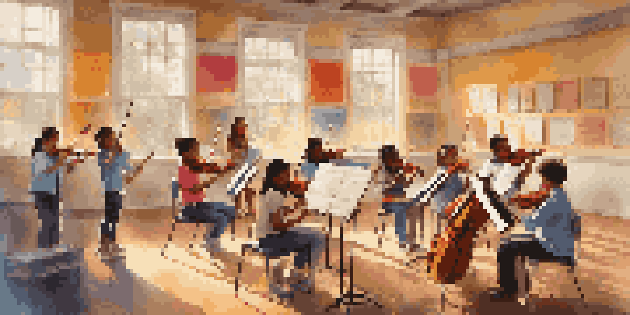A lively music classroom with students playing instruments and a teacher guiding them, filled with sunlight and colorful decorations.