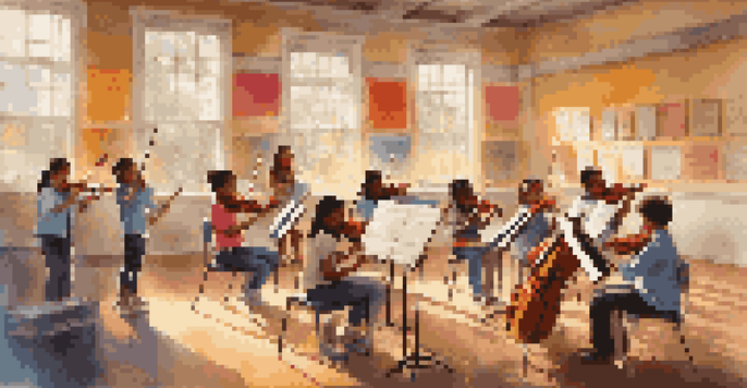 A lively music classroom with students playing instruments and a teacher guiding them, filled with sunlight and colorful decorations.